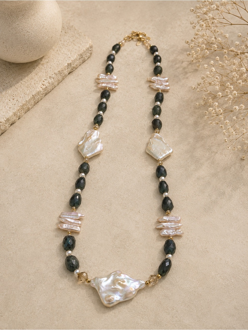 Artisan Made Raw Emerald & Pearl Necklace